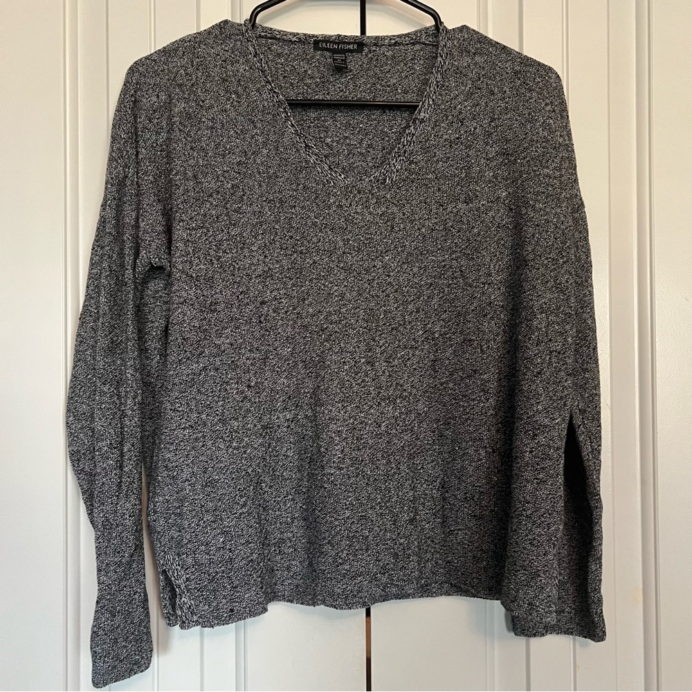 Eileen Fisher Sweater Organic Linen Cotton Blend Gray V-Neck Size XXS Knit￼